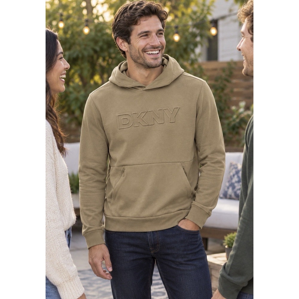 DKNY Men's Pullover Fleece Hoodie Logo Pockets Solid Beige Size Small